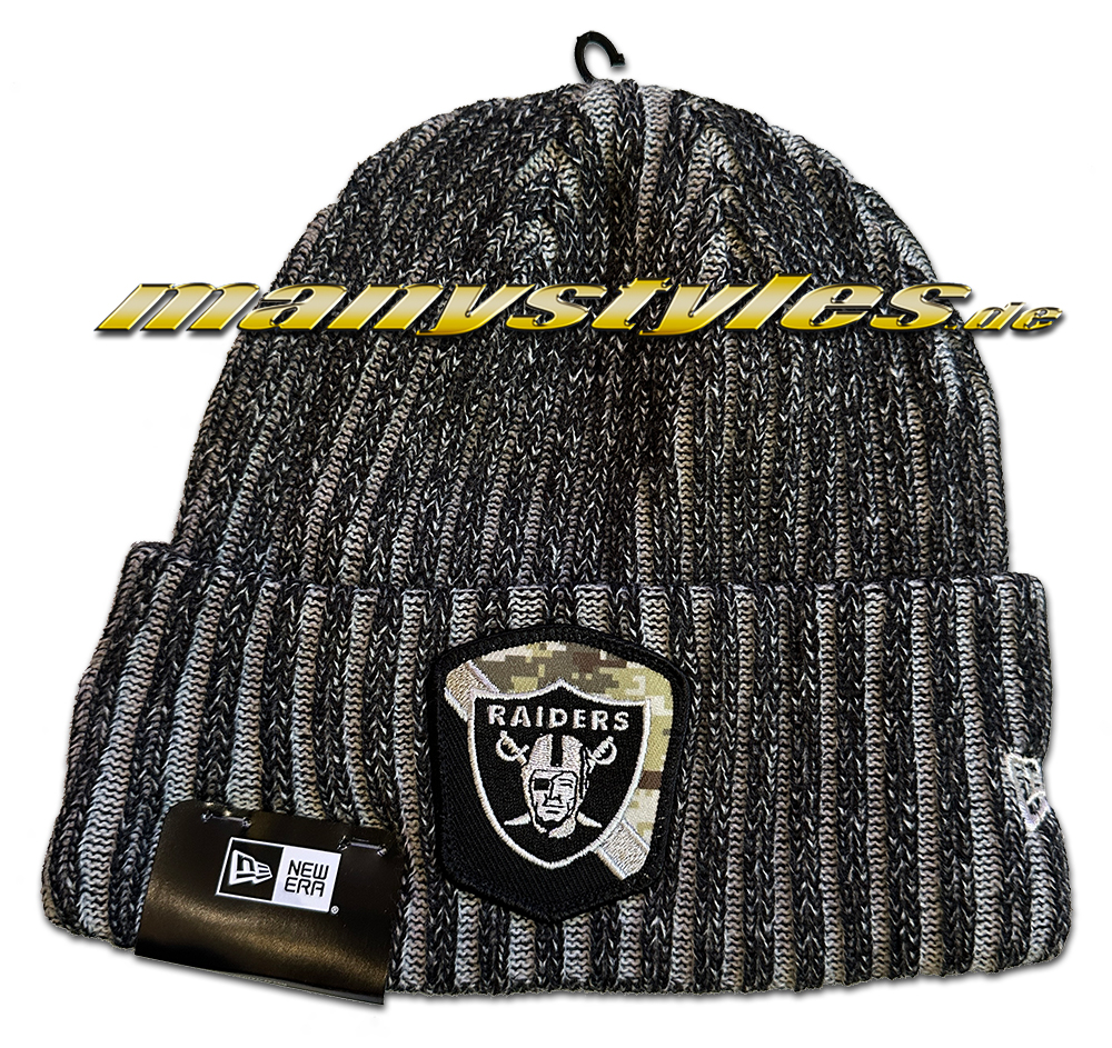 Las Vegas Raiders NFL Cuff Knit Salute2Service 2023 Split Patch Beenie in Black Grey OTC von New Era