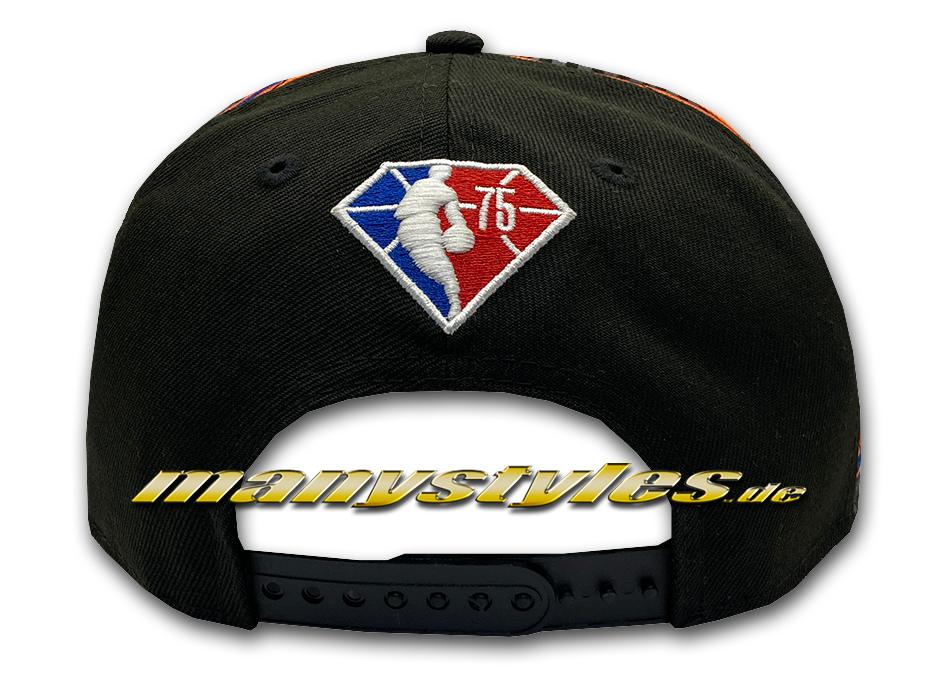 New Era NY Knicks NBA21 75Years 9FIFTY City Snapback Cap in Black Orange Royal White OTC Original Team Color Backview