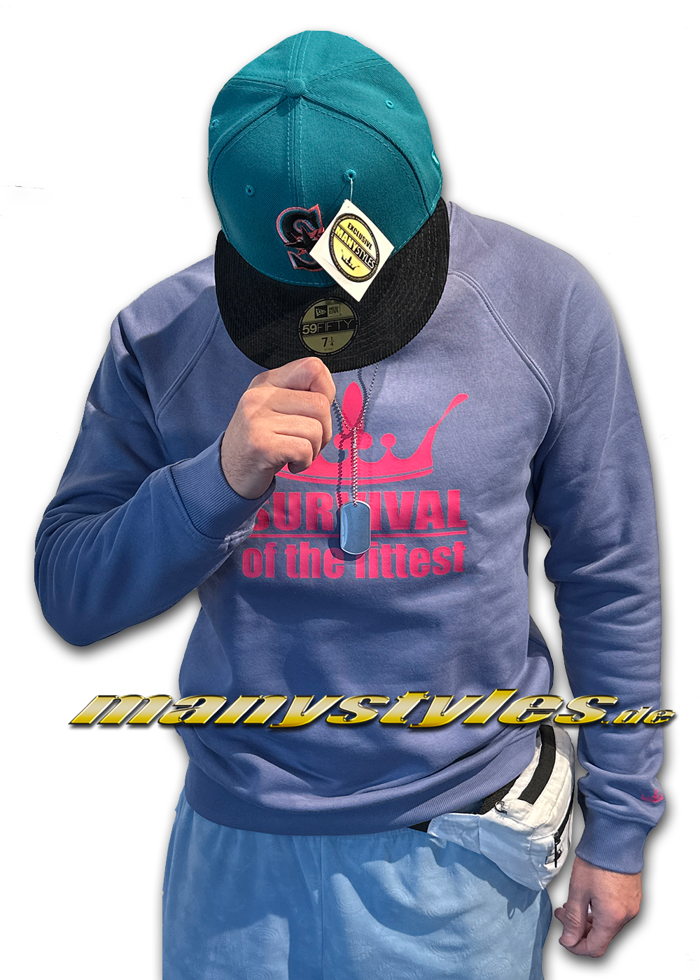 manystyles_hamburg_survival_of_the_fittest_custom_crewneck_sweatshirt_foil_print_design_in_dark_sky_blue_bright_neon_pink_von_sol manystyles Survival of the Fittest Crown exclusive Crewneck Sweater in Dark Sky Bright Neon Pink von Sol