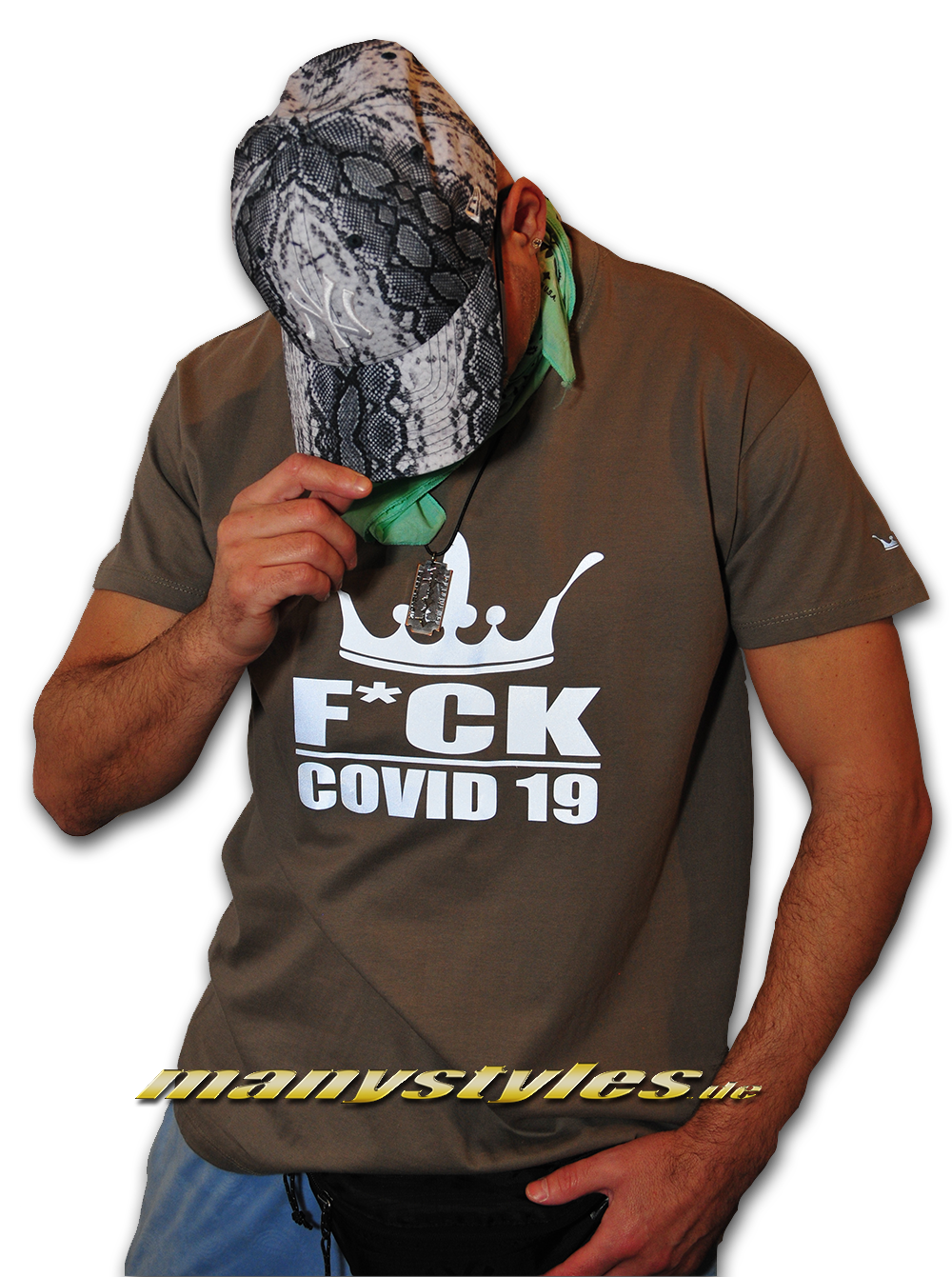 manystyles_fck_covid19_tee_t-shirt_graphite_charcoal_3m_reflector_print_design Fuck Covid19 manystyles Crown exclusive Hamburg Tee T-Shirt in Charcoal 3M Platinum Silver Reflector Design Print