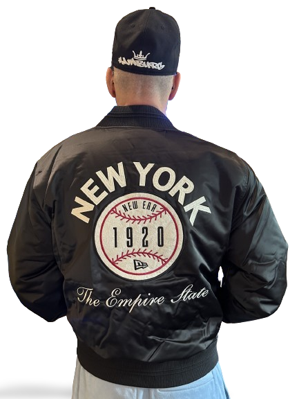 New Era 1920 New York Satin Bomber Jacket  Black White Backview