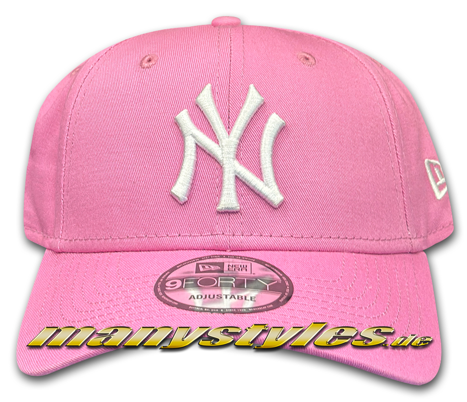 manystyles_new_era_ny_yankees_mlb_9orfty_curved_visor_adjustable_league_essential_cap_baby_pink_white_front NY Yankees 9FORTY MLB Adjustable Curved Visor 940 Cap in Baby Pink Rosa von New Era
