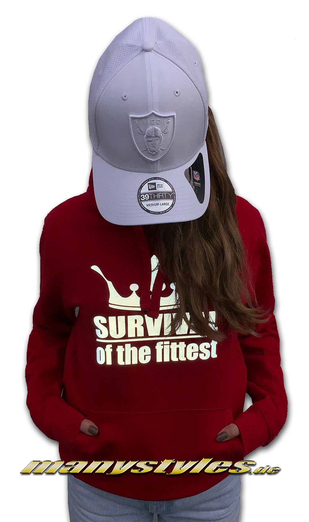 manystyles Survival of the Fittest Crown exclusive Hamburg Hooded Sweatshirt mit Kapuze in Fire Red 3M Reflected Print Material Light