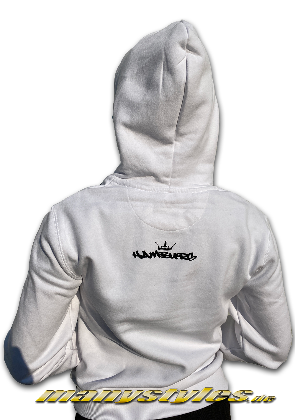 manystyles Survival of the Fittest Crown exclusive Hooded Sweatshirt mit Kapuze in Bright White Black Backview Rückseite Back Real Backview